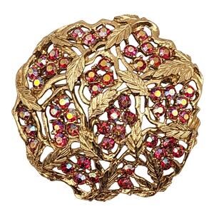 Sarah Coventry 1965 Aurora Brooch Red AB Crystals Gold Leaf